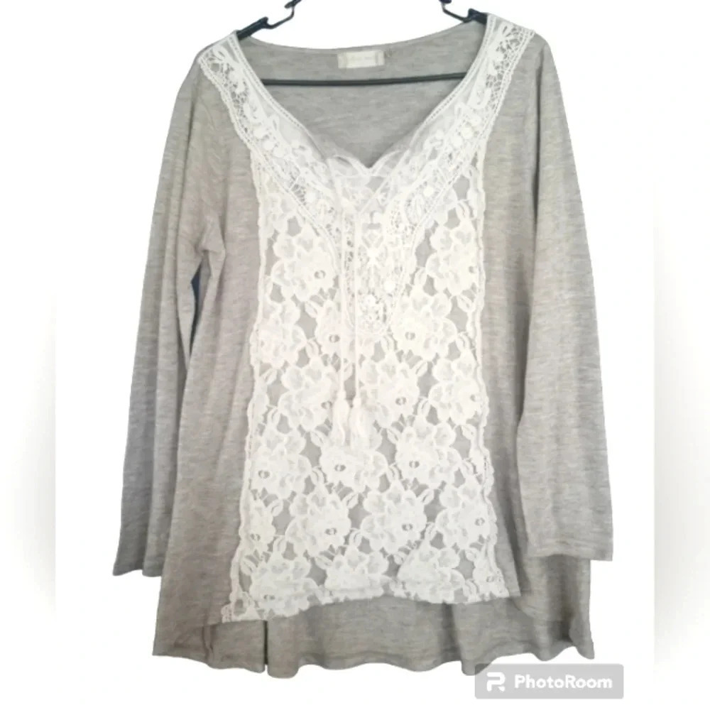 Altar'd State Tunic Length Top With Lace Front Detail Greige Color Size Medium